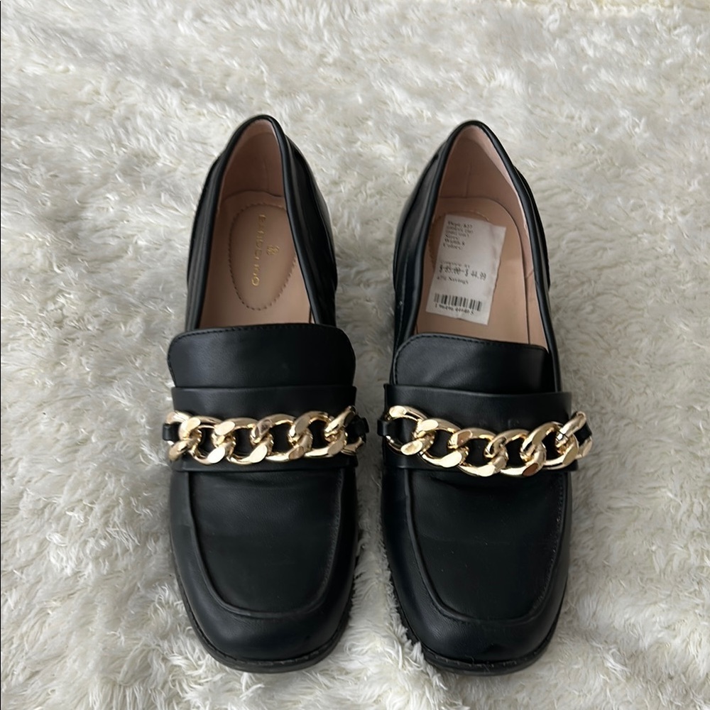 Bandolino Black and Gold Chain Heeled Loafers
